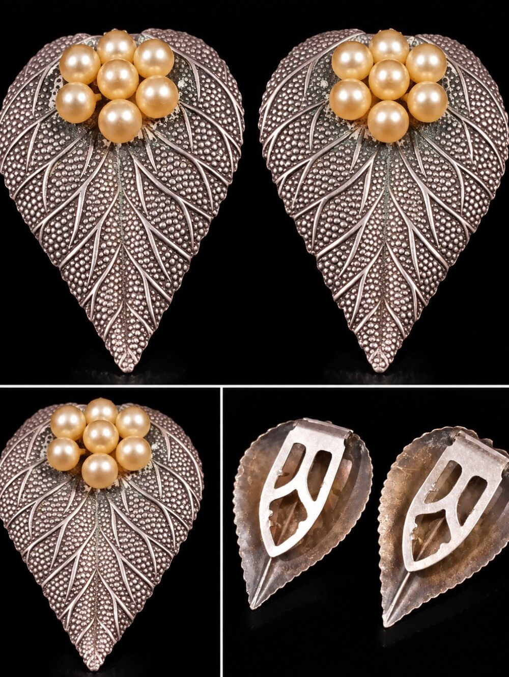 Vintage 1960s Faux Pearl Silver Tone Leaf Shoe Clips